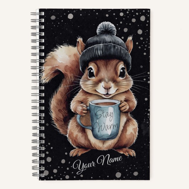 Cuaderno Eichhörnchen mit Tasse und Schnee „Stay Warm“ (Anverso)