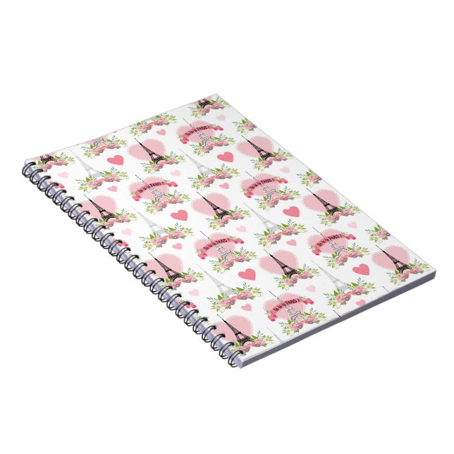 Cuaderno Eiffel Tower Flowers Pink Hearts Paris French (Lado Derecho)
