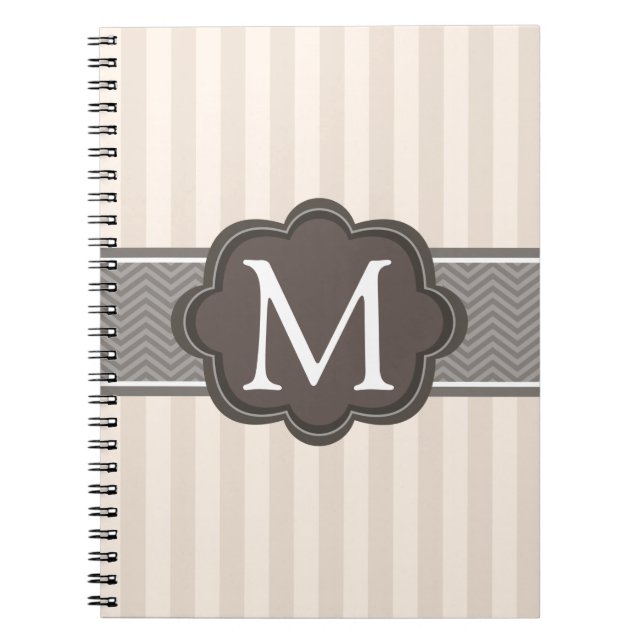 Cuaderno El beige de marfil elegante raya el monograma del (Frente)