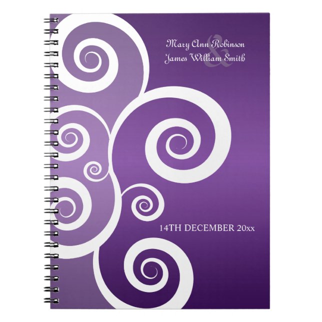 Cuaderno El blanco del favor de la boda remolina púrpura (Frente)