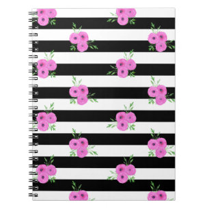 Cuaderno El blanco negro raya el estampado de flores rosado