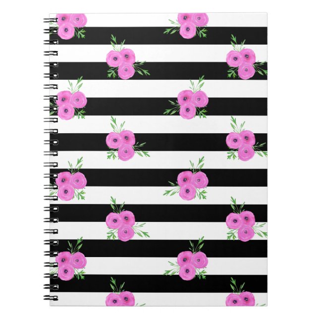 Cuaderno El blanco negro raya el estampado de flores rosado (Frente)