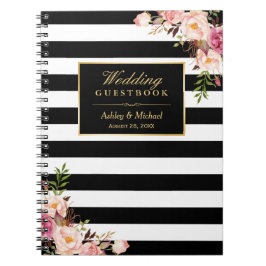 Cuaderno El blanco negro raya Guestbook floral de la boda