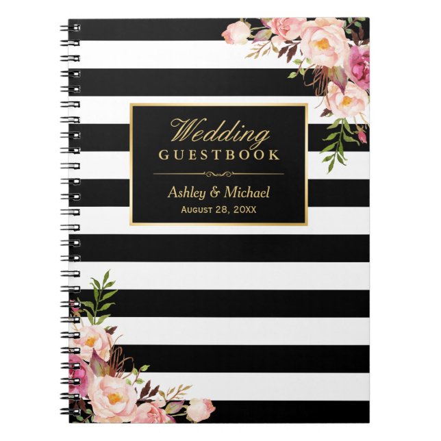 Cuaderno El blanco negro raya Guestbook floral de la boda (Frente)