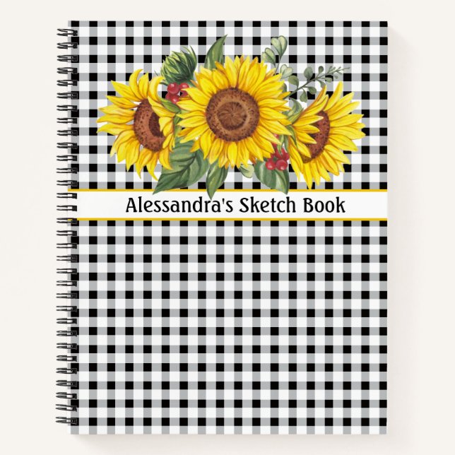 Cuaderno El girasol de Gingham negro crea tu propia frase  (Anverso)