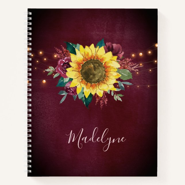 Cuaderno El girasol ilumina la floral borgoña acuarela (Anverso)