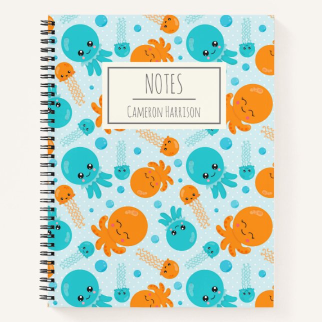 Cuaderno El lindo patrón de pulpo kawaii en azul personaliz (Anverso)