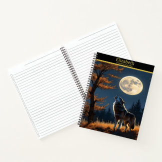 Cuaderno El majestuoso lobo aúlla a la luna llena bajo las