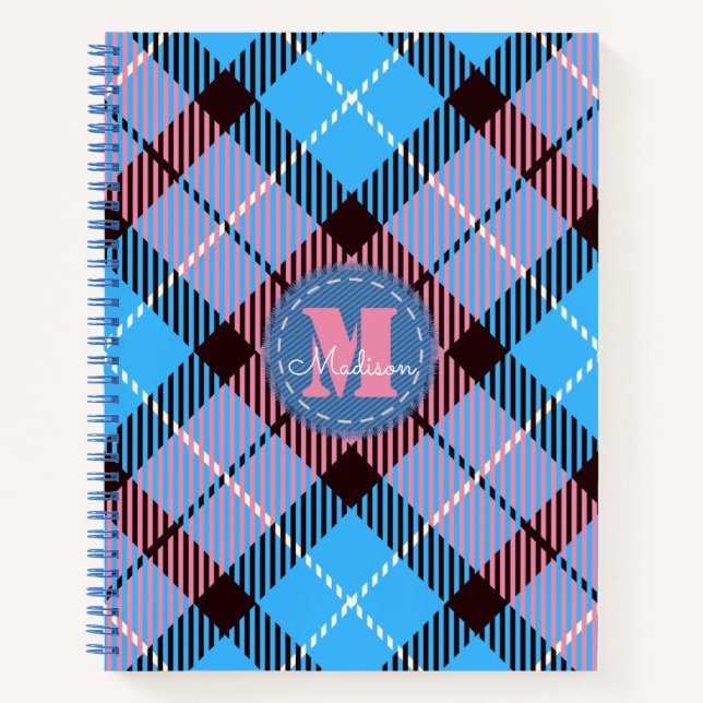 Cuaderno El moderno tartán azul rosado Jeans Monograma Nomb (Anverso)
