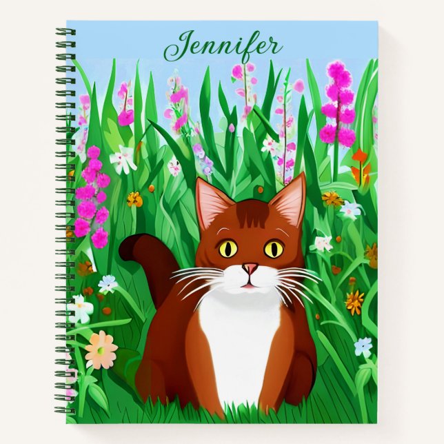 Cuaderno El pequeño Ginger Brown Kitty en un campo de flore (Anverso)