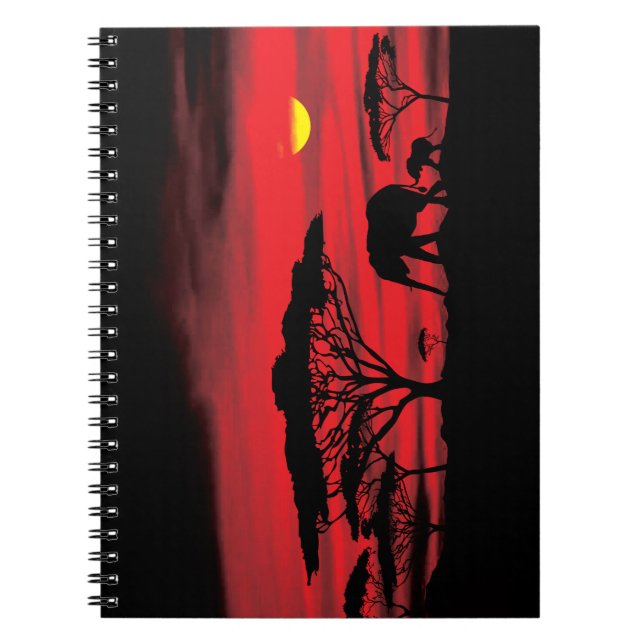 Cuaderno Elefante africano y bebé con atardecer rojo (Frente)