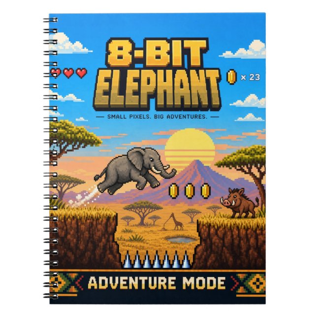 Cuaderno Elefante, Arte de Pixel Retro de 8 Bits (Frente)