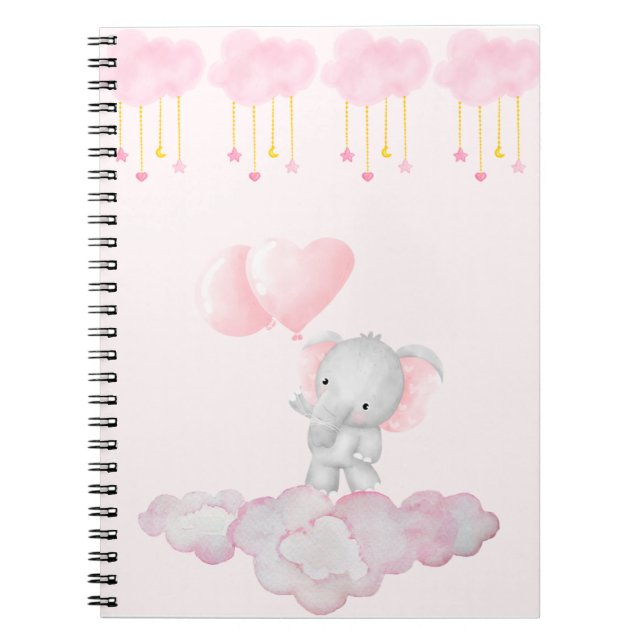Cuaderno Elefante Bebé en Nubes Rosadas – Guardería Suave e (Frente)
