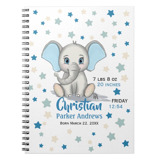 Cuaderno Elefante bebé lindo con estadísticas de nacimiento (Frente)