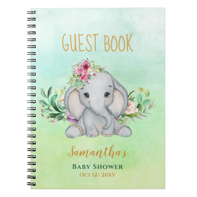 Cuaderno Elefante bebé y Baby Shower de flores (Frente)