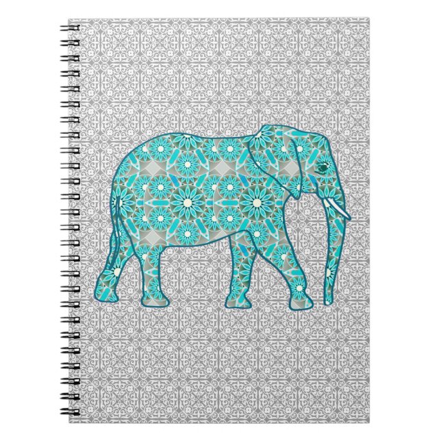 Cuaderno Elefante de flores de Mandala - turquesa, gris y b (Frente)