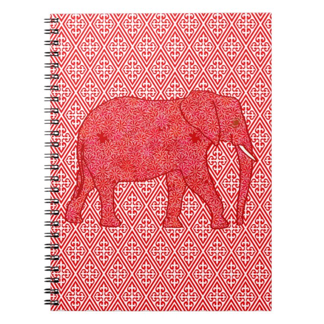 Cuaderno elefante de flores - rojo profundo y coral (Frente)