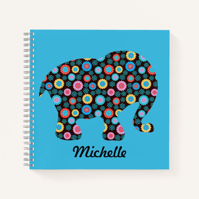 Cuaderno Elefante de patrón de flores sobre azul personaliz (Anverso)