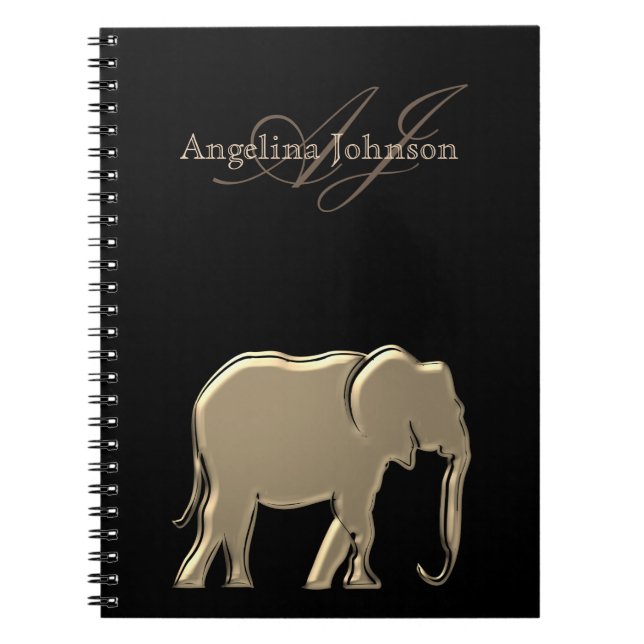 Cuaderno Elefante Monogramado Moderno de Hoja de Oro y Negr (Frente)