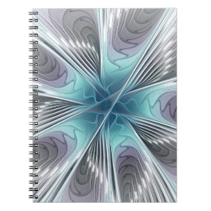 Cuaderno Elegancia Arte Fractal Flor Azul Gris Blanco