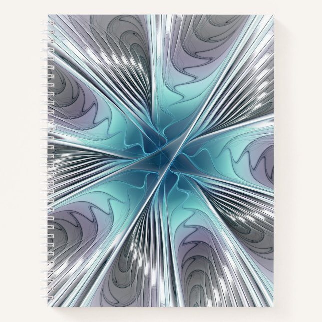 Cuaderno Elegancia Flor de Arte Fractal Blanco Gris Azul (Anverso)