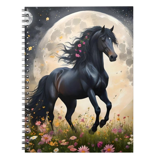 Cuaderno Elegancia lunar: caballo negro de fantasía con lun (Frente)
