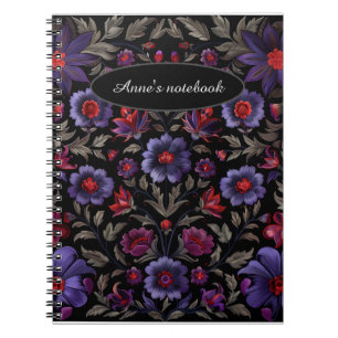 Cuaderno Elegancia oscura: Patrón floral negro y púrpura