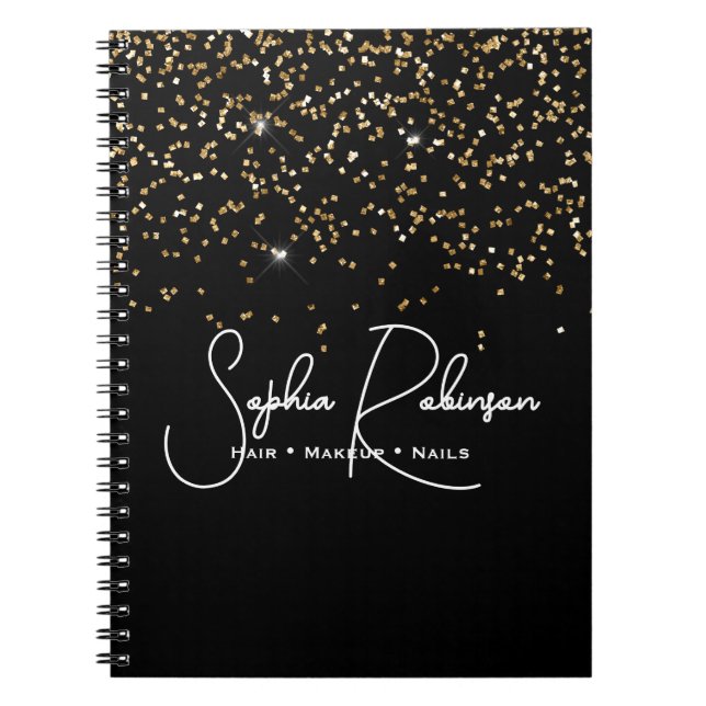 Cuaderno Elegant Black and Gold Glitter Salon Business (Frente)