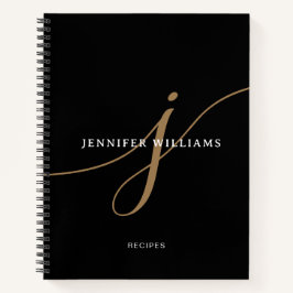 Cuaderno Elegant Black and Gold Script Monogram Recipe
