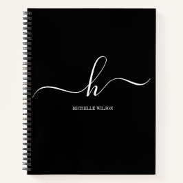 Cuaderno Elegant Black White Monogram Initial Script Name 