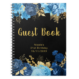Cuaderno Elegant Blue and Gold Flowers Birthday Guest Book