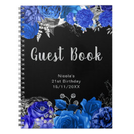 Cuaderno Elegant Blue and Silver Flower Birthday Guest Book