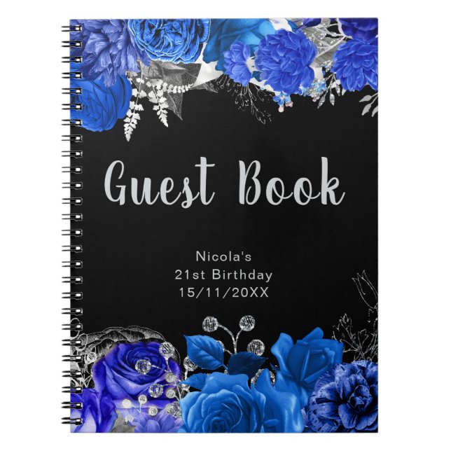 Cuaderno Elegant Blue and Silver Flower Birthday Guest Book (Frente)
