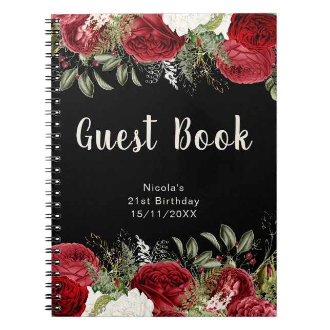 Cuaderno Elegant Christmas Red Flowers Birthday Guest Book (Frente)