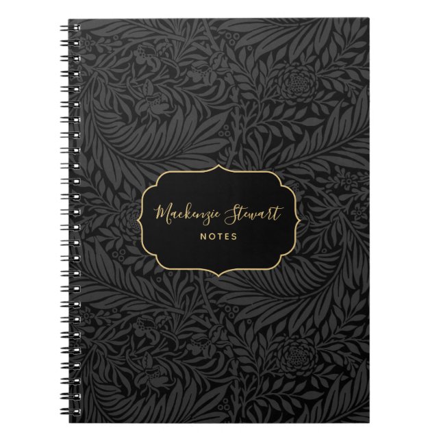 Cuaderno Elegant Custom Name Black Floral Pattern (Frente)
