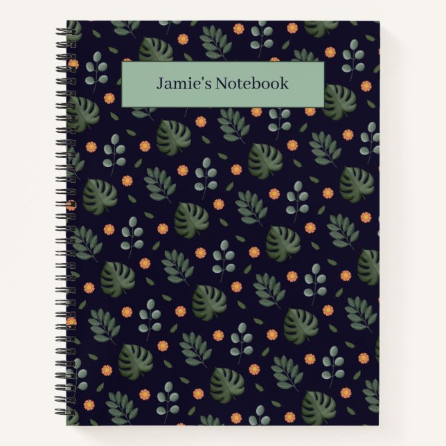 Cuaderno Elegant Custom Name Navy Botanical Notebook (Anverso)