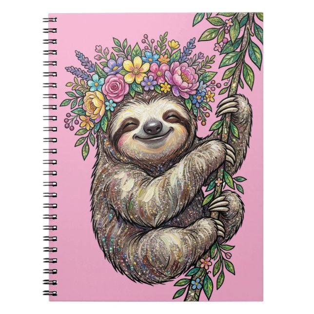 Cuaderno Elegant Cute Floral Sloth with Flower Crown Pink   (Frente)