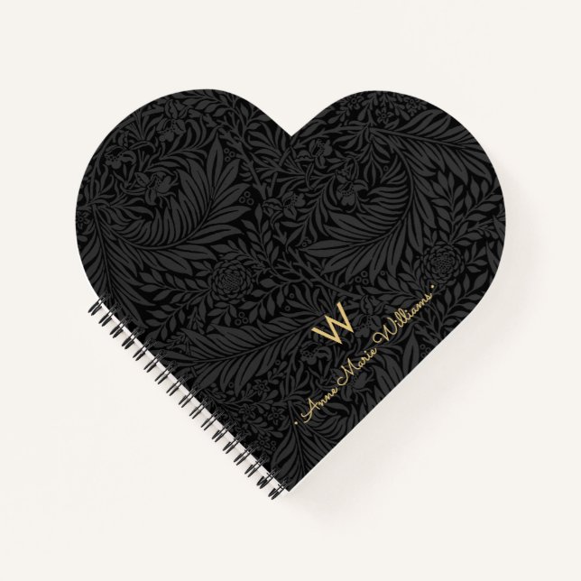 Cuaderno Elegant Gold Monogram Name Black Floral Pattern (Anverso)