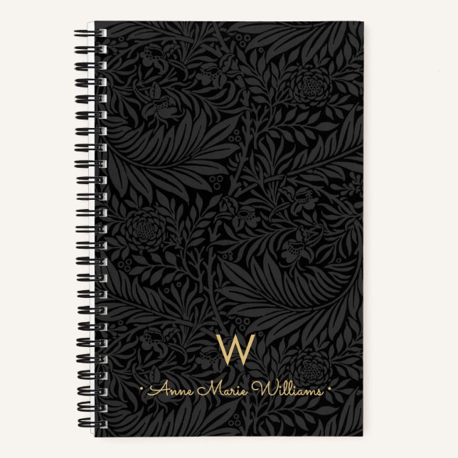 Cuaderno Elegant Gold Monogram Name Black Floral Pattern (Anverso)
