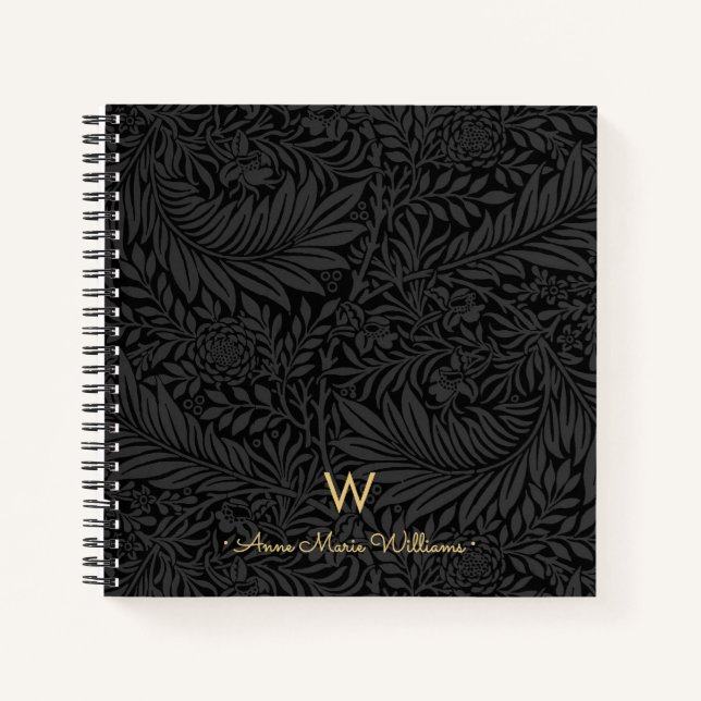 Cuaderno Elegant Gold Monogram Name Black Floral Pattern (Anverso)
