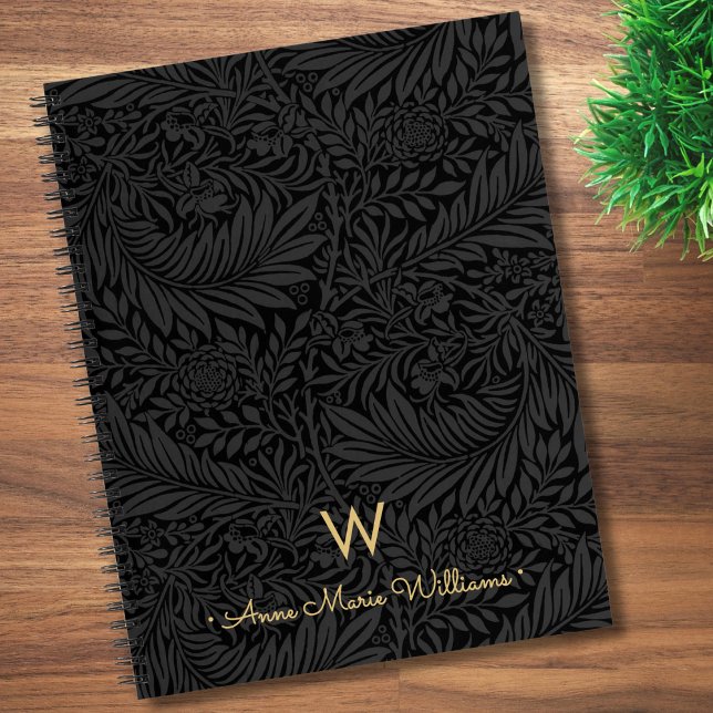 Cuaderno Elegant Gold Monogram Name Black Floral Pattern (Subido por el creador)