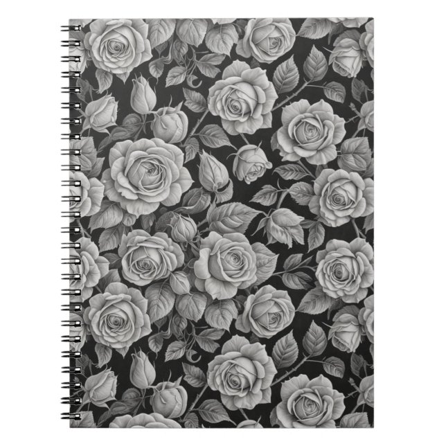 Cuaderno Elegant Gray Roses on Black Journal – Moody Floral (Frente)