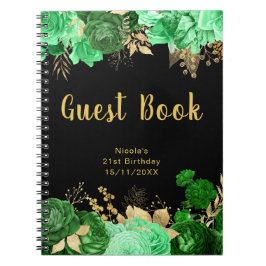 Cuaderno Elegant Green and Gold Flowers Birthday Guest Book