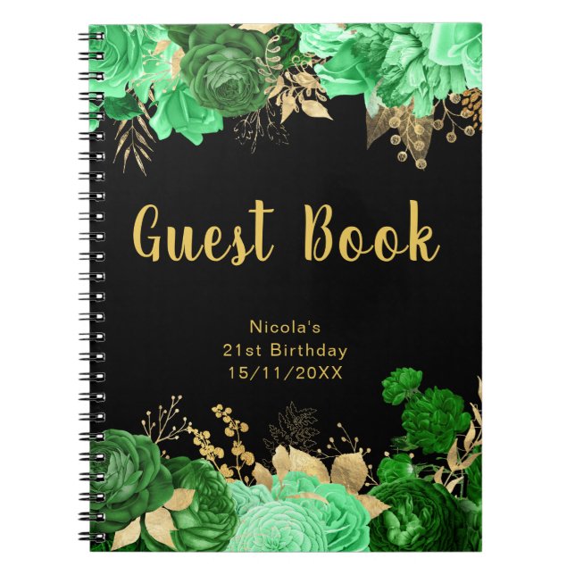 Cuaderno Elegant Green and Gold Flowers Birthday Guest Book (Frente)