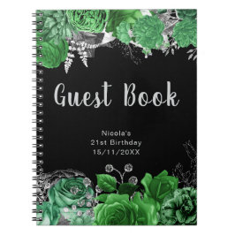 Cuaderno Elegant Green and Silver Flowers Guest Book
