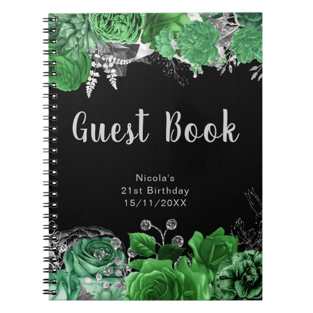 Cuaderno Elegant Green and Silver Flowers Guest Book (Frente)
