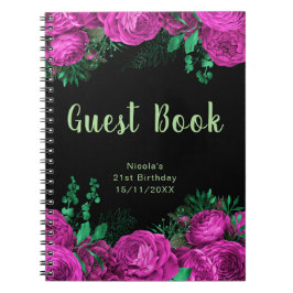 Cuaderno Elegant Hot Pink Flowers Birthday Party Guest Book