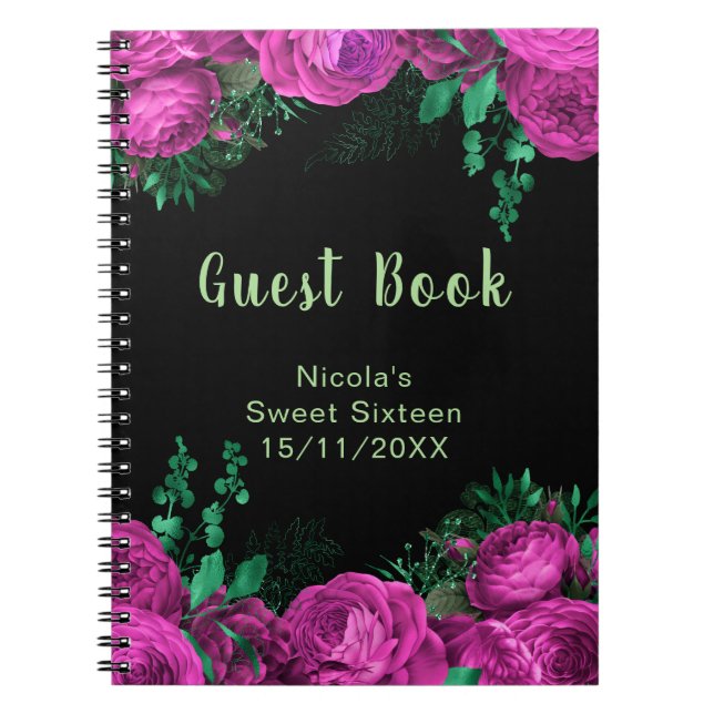 Cuaderno Elegant Hot Pink Flowers Sweet Sixteen Guest Book (Frente)