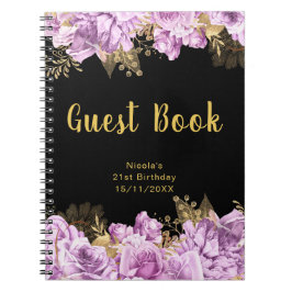 Cuaderno Elegant Lilac and Gold Flowers Birthday Guest Book