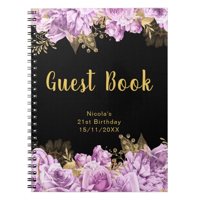 Cuaderno Elegant Lilac and Gold Flowers Birthday Guest Book (Frente)